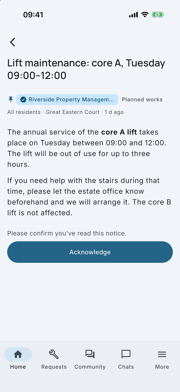 An announcement about lift maintenance from the managing agent, with an Acknowledge button.