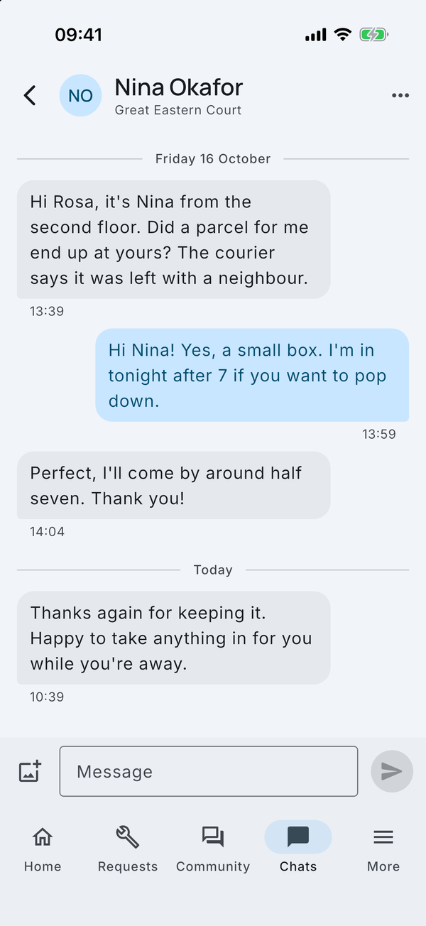 A chat with a neighbour about a parcel left with them.