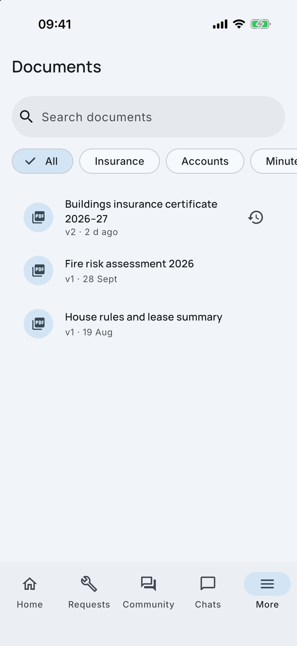 The Documents library: insurance certificate, fire risk assessment and house rules, with versions.