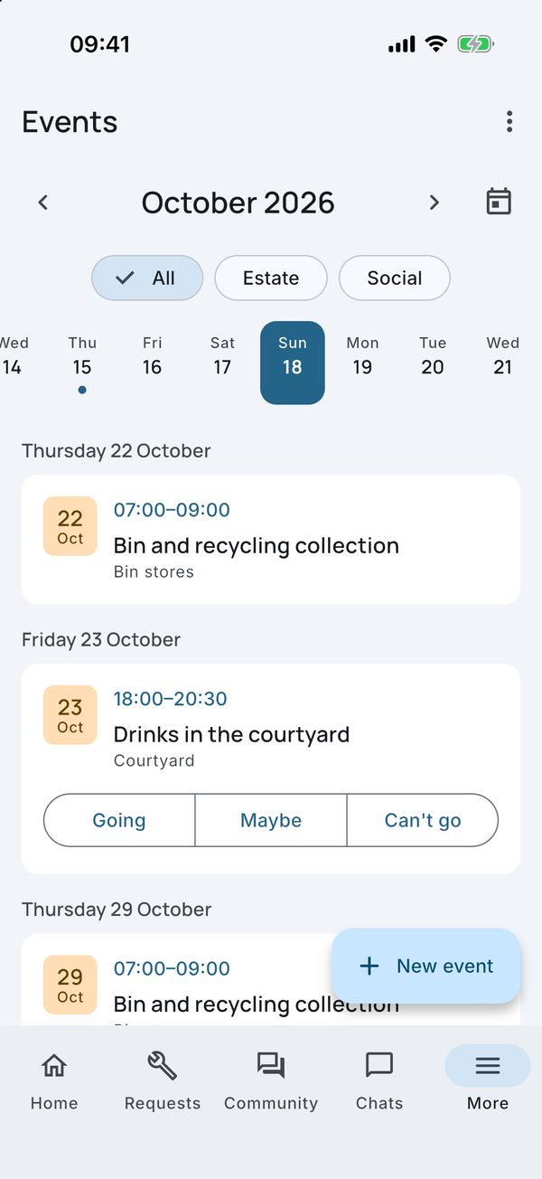 The Events calendar: bin collections, drinks in the courtyard and the AGM, with RSVPs.
