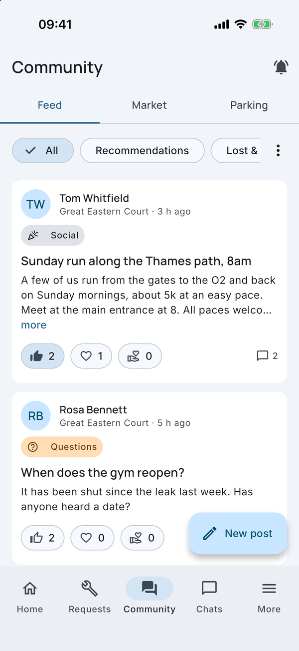 The Community feed: neighbours' posts with categories, reactions and comments.