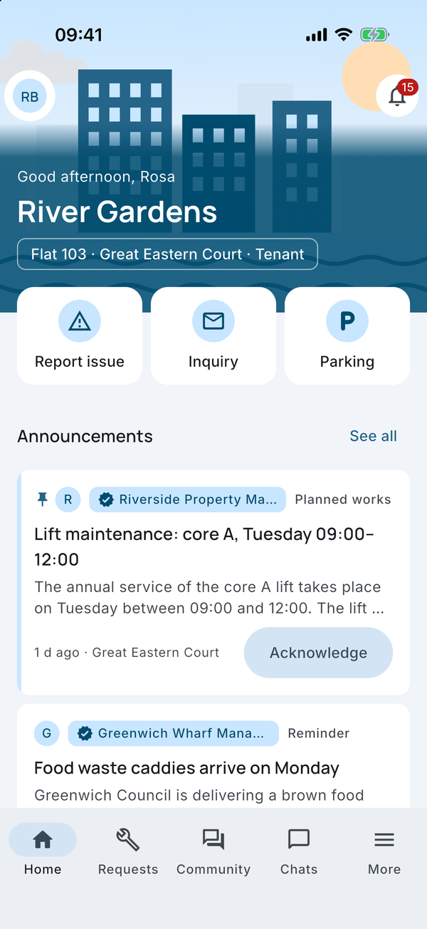 Estate Hub's Home screen: a greeting over the estate's skyline, the resident's flat, quick actions to report an issue, send an inquiry or find parking, and the latest official announcements.