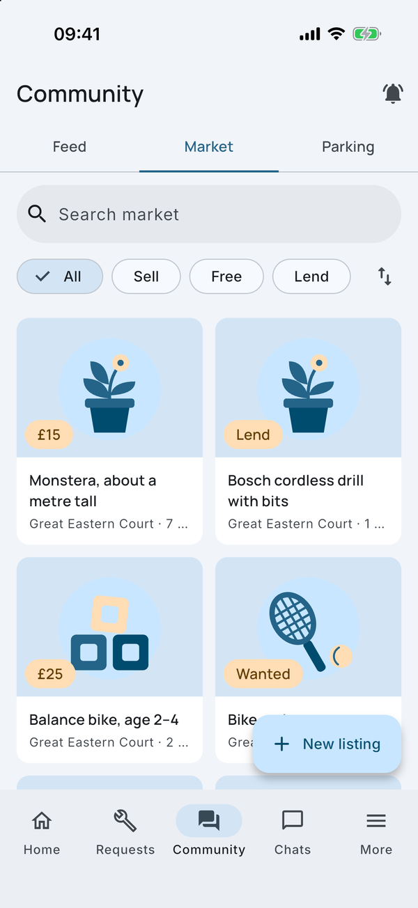 The Market: a grid of listings with price pills and category drawings.