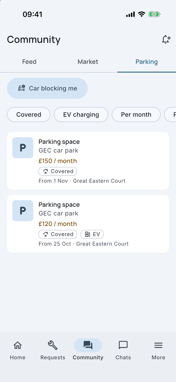 Parking: two covered bays for rent by the month, one with EV charging.