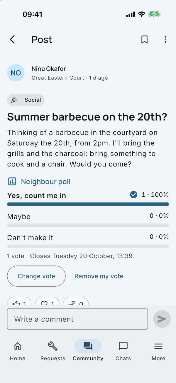 A post about a summer barbecue with a neighbour poll filling in.
