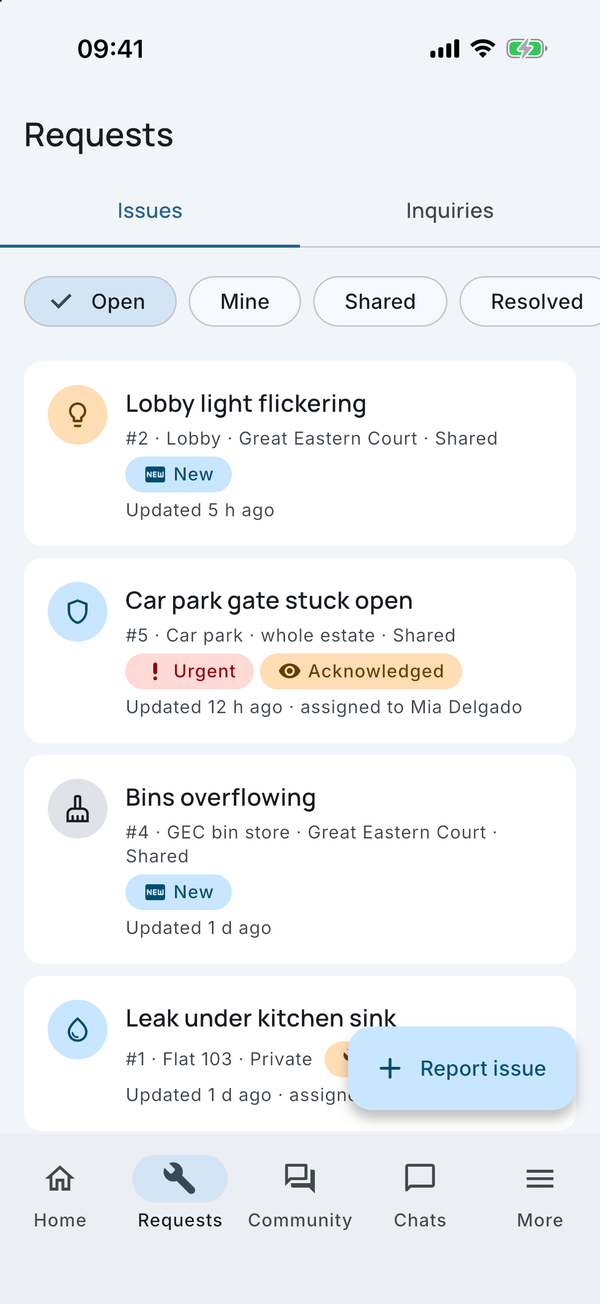 The Requests list: open issues with their category, location and status chips.