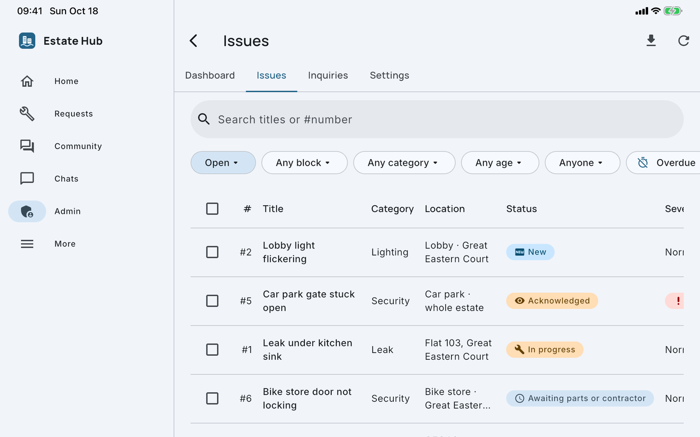 The admin console's issue queue: a table of open issues with category, location, status, severity, assignee and response-time columns, filterable by block, category and age.