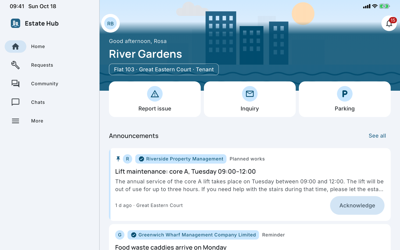 Home on a wide screen: the estate's skyline across the top, announcements in the middle and open requests and upcoming events in a side column.